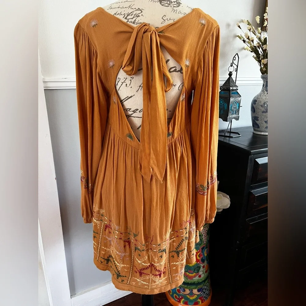 NWT Free People Mustard Yellow Bishop Sleeve Sundress Embroidered Small Mini